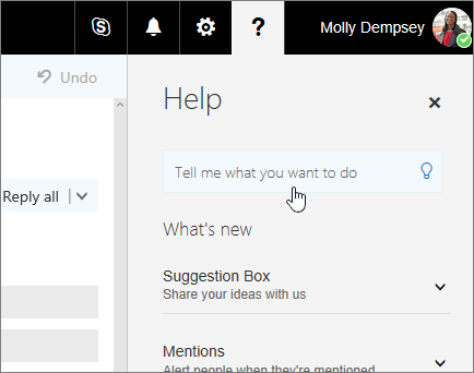 Screenshot of Help pane in Outlook on the Web, showing the Tell Me box.