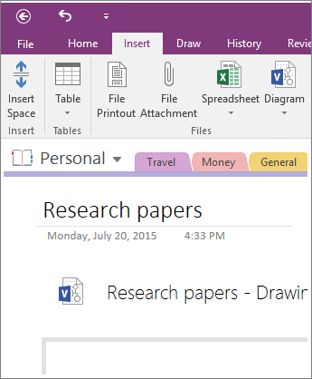 Screenshot of how to insert a new Visio diagram into OneNote 2016.