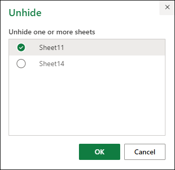 Select tab to unhide in Excel for the web