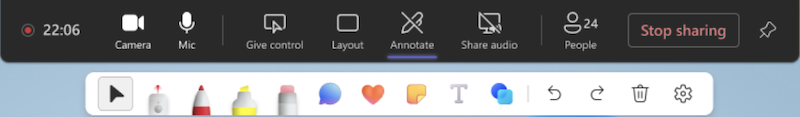 Dropdown menu from Annotate tool in Teams meetings.