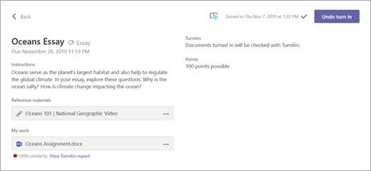 Student view of Turnitin score after assignment has been turned in