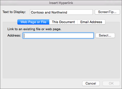 Shows the options for inserting a hyperlink to a Web page, e-mail address or document