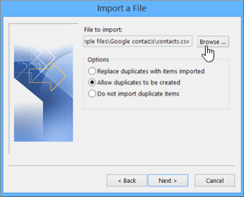 Browse to the contacts csv file and choose how to handle duplicate contacts