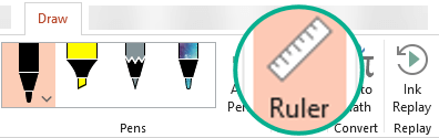 The Ruler stencil is on the Draw tab of the ribbon in PowerPoint 2016.