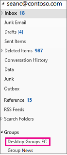 Outlook 2016 navigation pane with groups highlighted