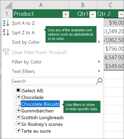 Sort or apply a filter to the table