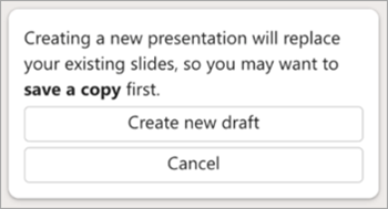 Screenshot of a warning in Copilot in PowerPoint about how creating a new presentation will replace existing slides