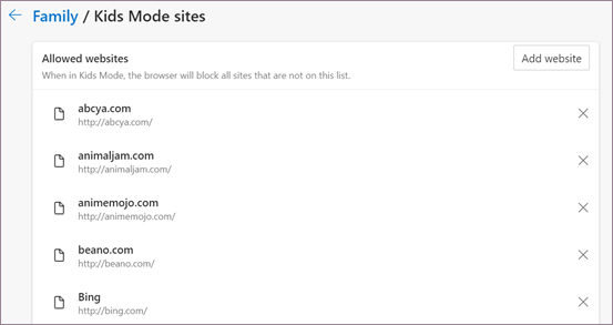 Kids Mode allowed sites
