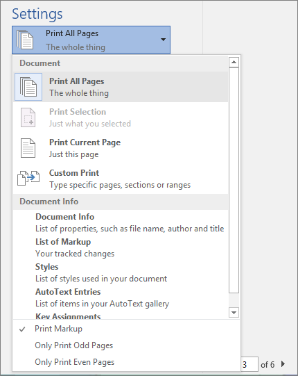 Screenshot of the Print pane with the Print All Pages menu expanded to show additional options.