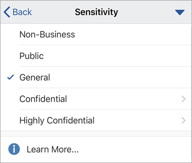 Screenshot of sensitivity labels in Office for iOS