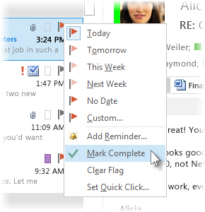 Mark Complete command on the right-click menu in the message list