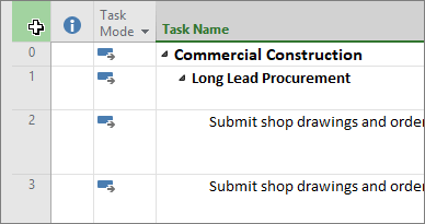 Screenshot showing cursor in top left corner of Project Gantt Chart view