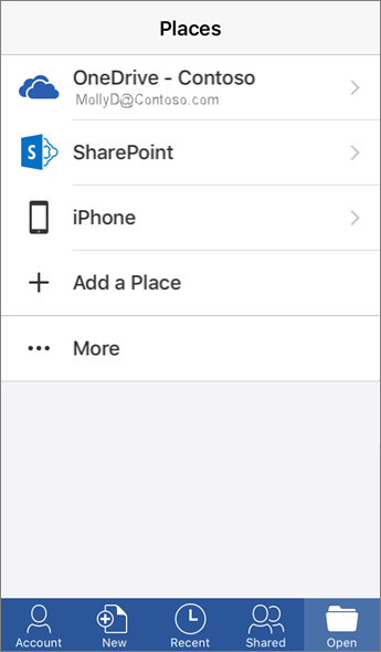 Screenshot of Places screen in the Word mobile app.