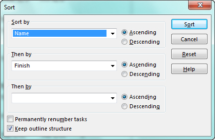 Sort dialog box image