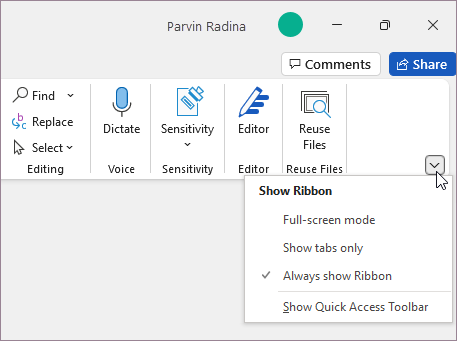 Ribbon display options menu