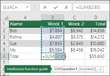 Cell B6 shows the AutoSum Sum formula: =SUM(B2:B5)