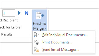 Screenshot of the Mailings tab in Word, showing the Finish & Merge command and its options.