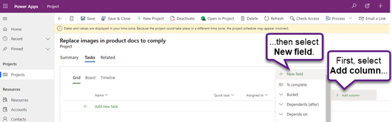 Adding a new field to a project open in Project Power App