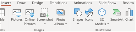 The Insert tab in PowerPoint