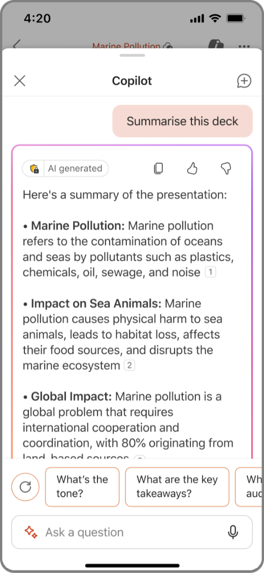 Screenshot of Copilot in PowerPoint on iOS device with Summarize this Deck results