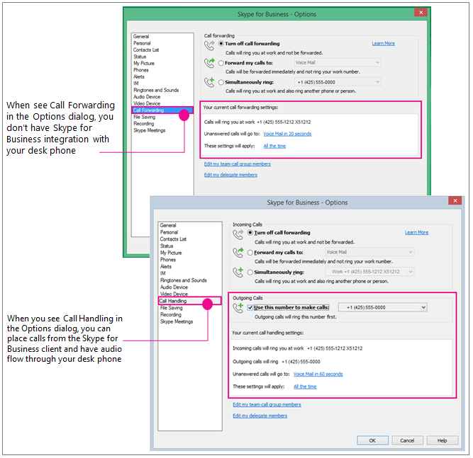 comparison of the options dialog showing call forwarding and call handling