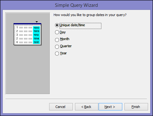 Select how you want to group dates in your query on the Simple Query Wizard dialog