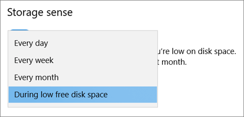 Windows 10 Storage dropdown menu selecting frequency to run Storage Sense