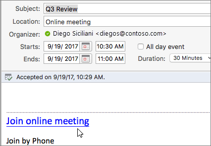 Screenshot of a meeting dialog, showing the Join online meeting link.