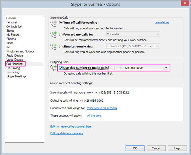 Set Options for using Skype for Business with your desk or another phone.