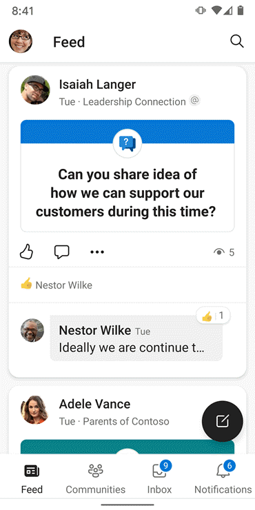 Screenshot showing the feed on the Yammer Android app