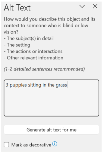 The alt text pane showing an example of a good alt text.