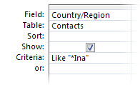 Query designer image showing criteria using folloeing operators, "like wildcard in a"