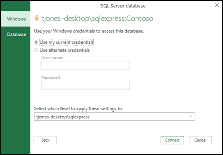 Power Query SQL Server connection login credentials