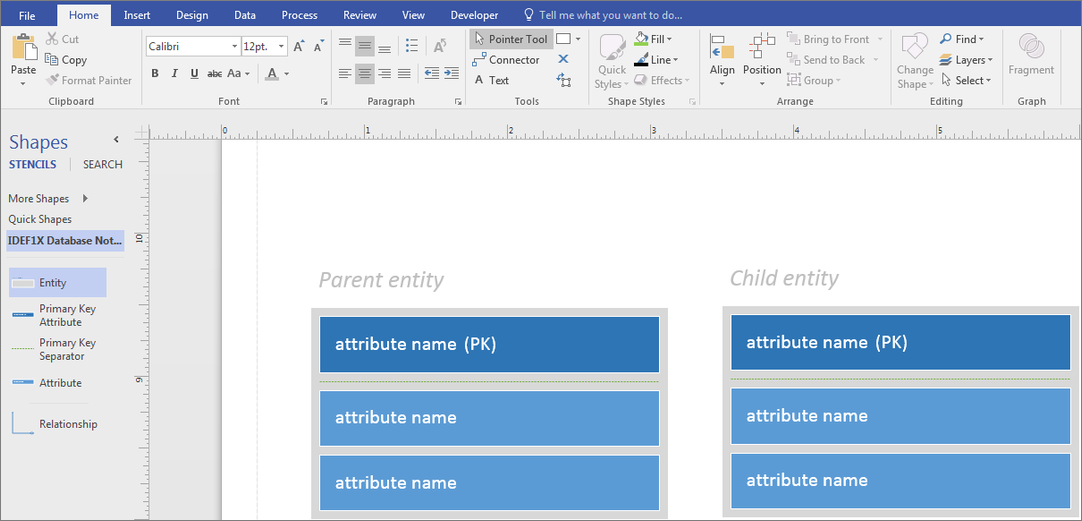 In the parent entity, type the attribute name in PK.