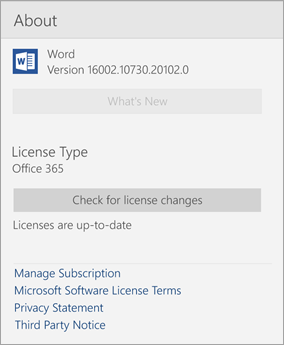 About Word Mobile window