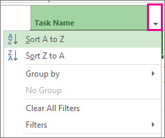 Image of Task Name menu with Sort A to Z selected