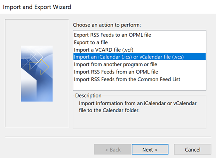 Import calendar in Outlook