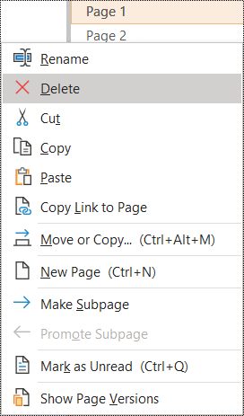 Delete page in OneNote for Windows dialog