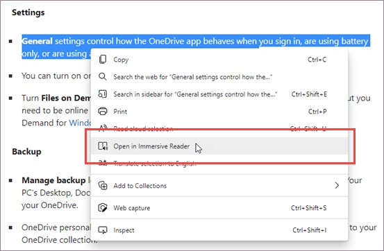Enter Immersive Reader through the context menu.