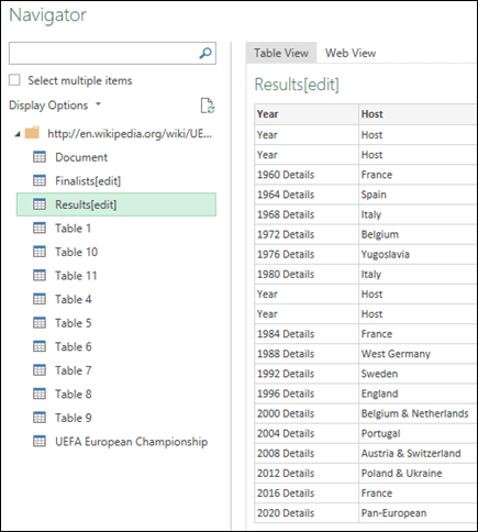 Power Query > From Web > Navigator Table View