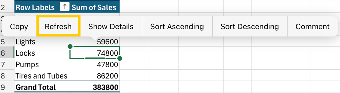 Refresh PivotTable from the context menu on iPad.