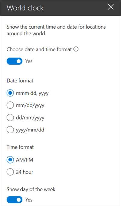 The toolbox for the World Clock webpart for SharePoint sites, showing how to customize the date and time formatting