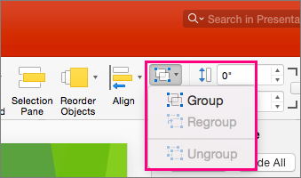 Shows the Group icon on the ribbon in PowerPoint 2016 for Mac