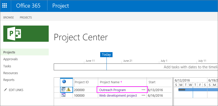 In the Project Center, choose the name of the project.