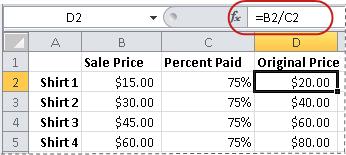 Example of formula for calculating a percentage