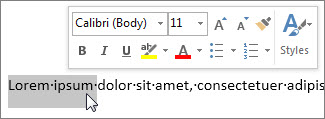 Mini Toolbar with selected text