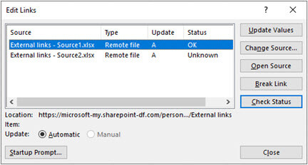 Excel's Edit Links dialog from Data > Queries & Connections > Edit Links