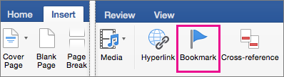 On the Insert tab, Bookmark is highlighted