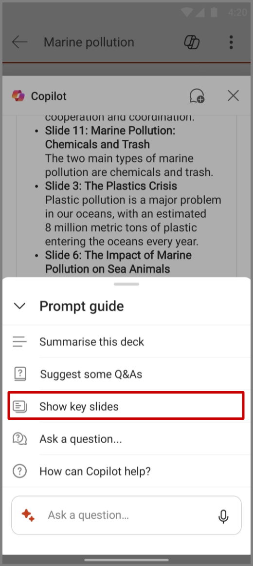 Screenshot of Copilot in PowerPoint on Android device with Show Key Slides prompt
