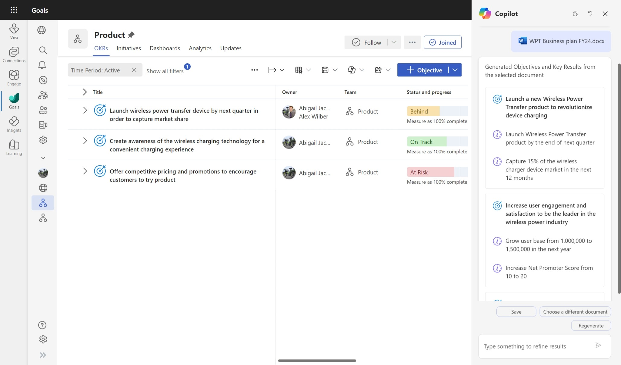 Screenshot that shows a view of a product team's OKRs with Copilot suggesting OKRs based on the strategy document given on the right side.